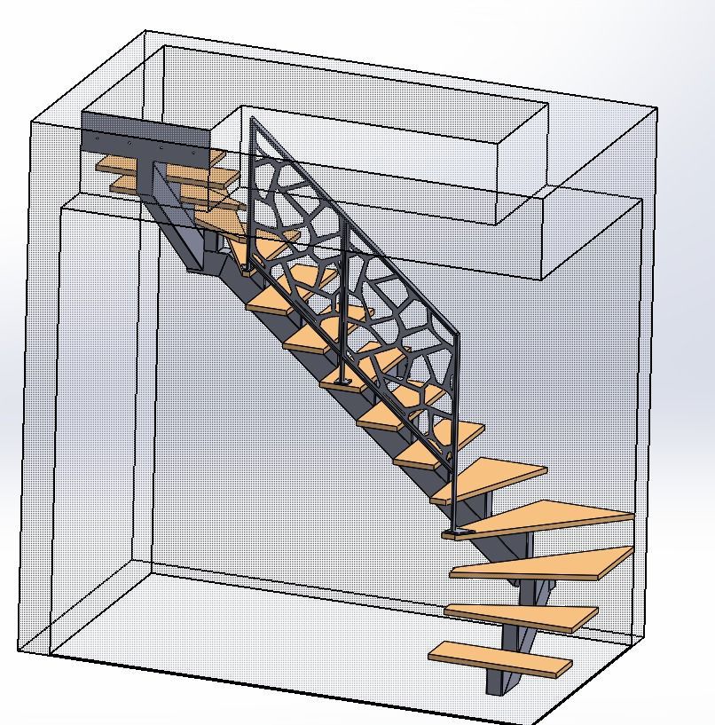 Plan technique 3D pour la rénovation d’un escalier balancé